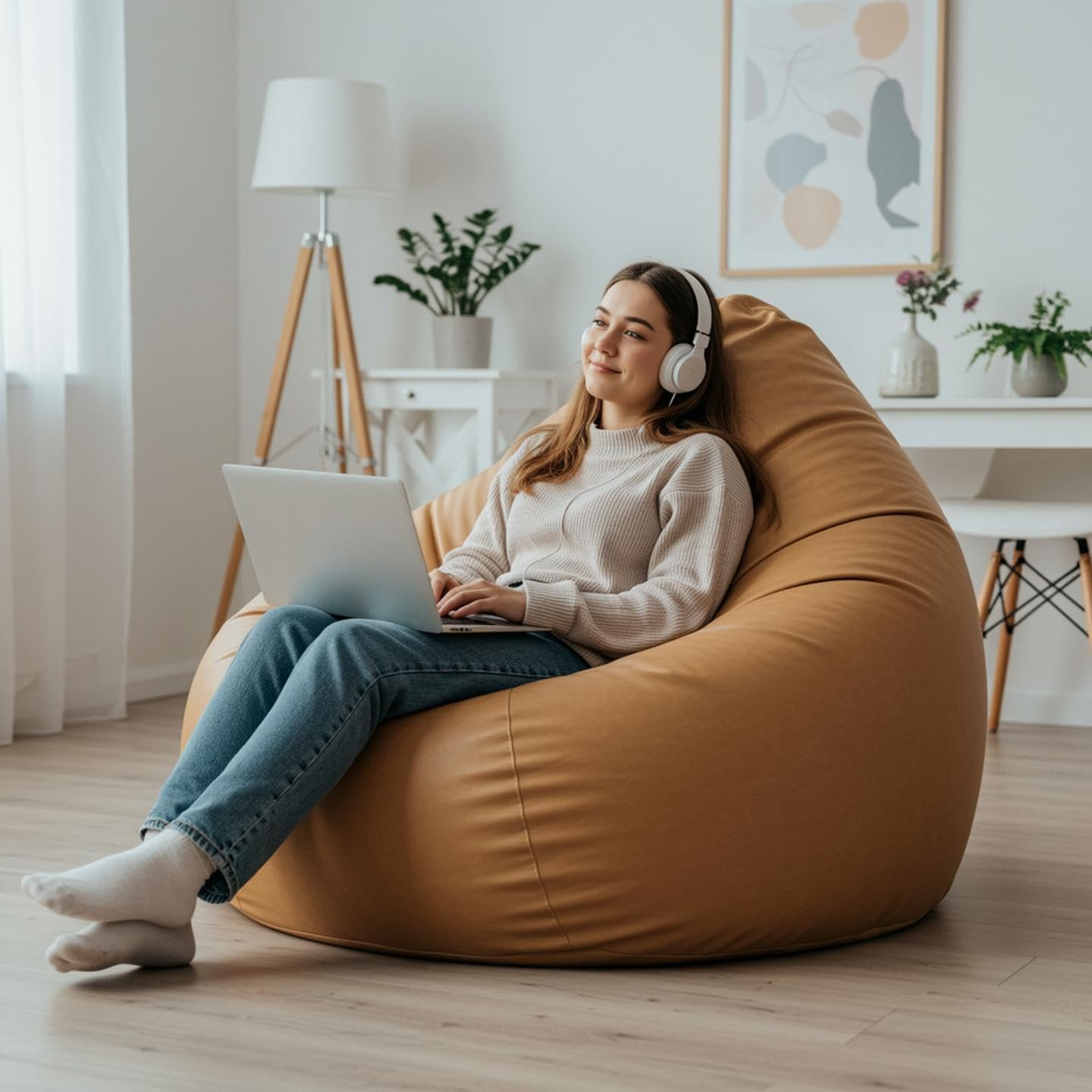 2XL Faux Premium Leather Bean Bag Teardrop, Only Cover (Tan) - Capacity: Upto 5 Ft Height, 70 Kg Weight, Bean Bags for Living Room, Balcony & Outdoor Use