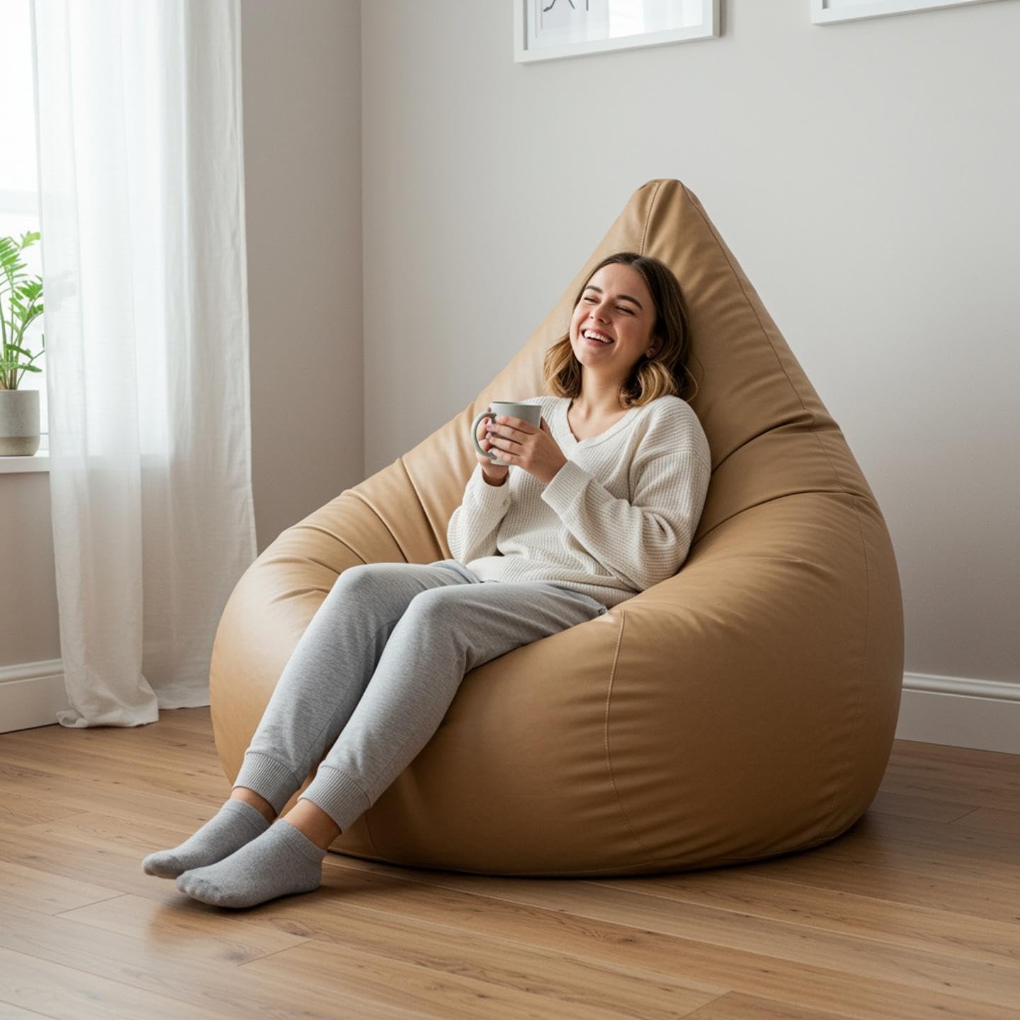 3XL Faux Premium Leather Bean Bag Teardrop, Filled with Beans(Tan) - Capacity: Upto 5.5 Ft Height, 90 Kg Weight, Bean Bags for Living Room, Balcony & Outdoor Use